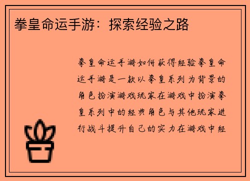 拳皇命运手游：探索经验之路