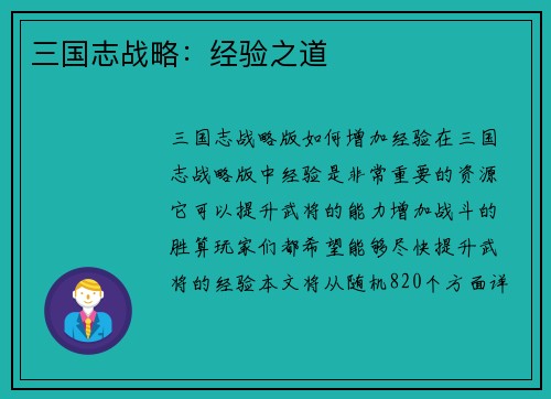 三国志战略：经验之道